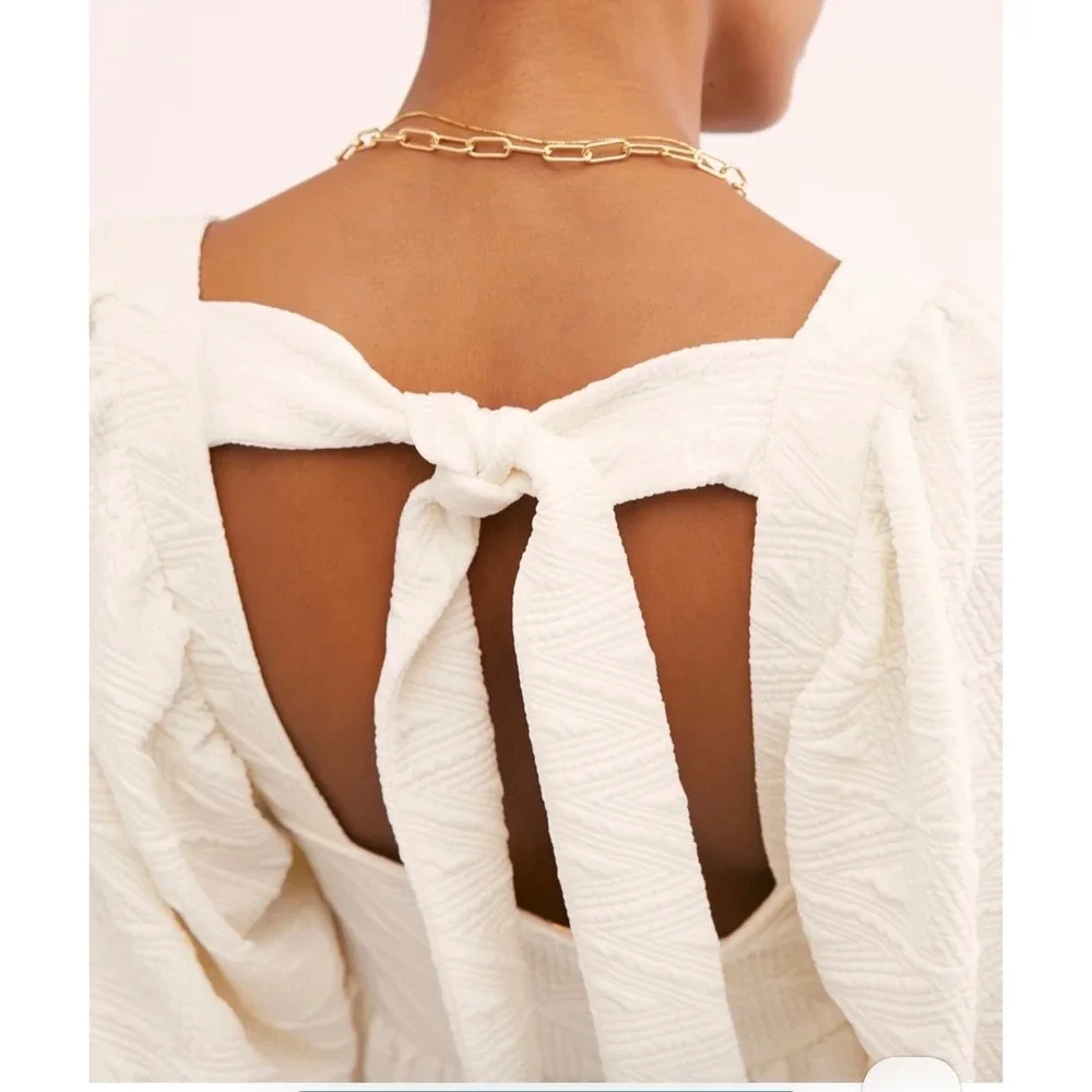 Free People Violet Mini Dress White Puff Sleeve Tie Back Textured Babydoll XS